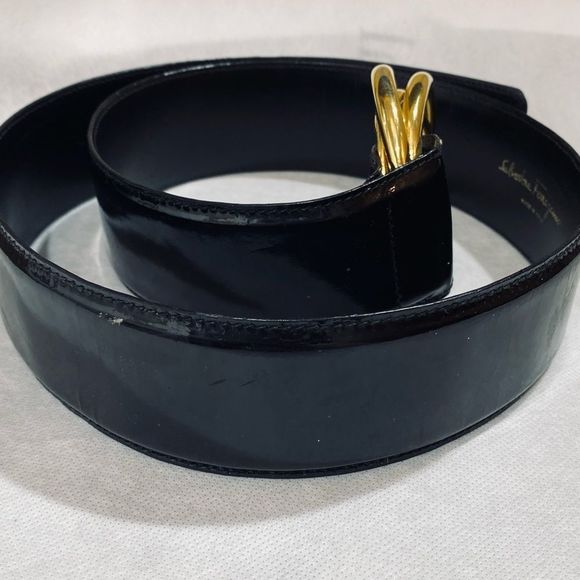 Salvatore Ferragamo Black Wide Enamel Leather Belt with Gold-Tone Trinity Buckle
